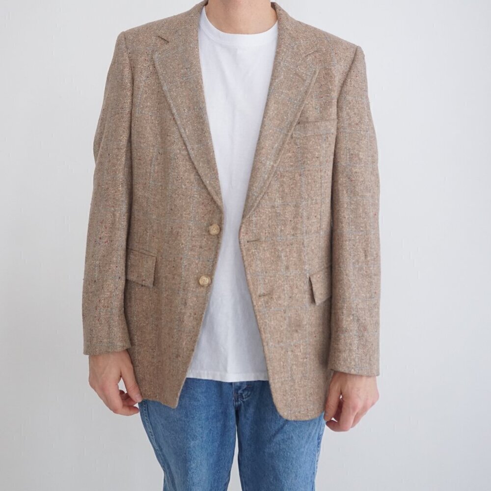 Vintage Austin Hill Tan Tweed Wool Double Button Blazer Size 41